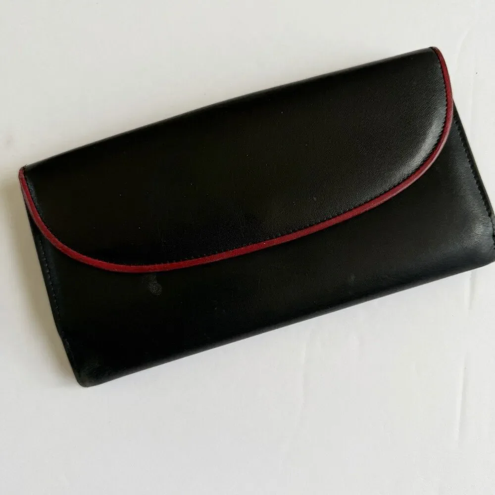 Vintage Christian DIOR Leather Wallet, Black Red Trim